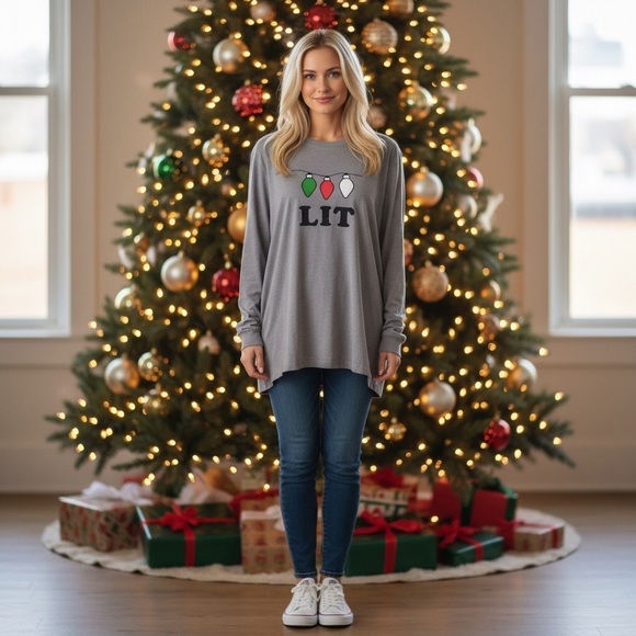 Tops - Women's Christmas Long Sleeve Top “LIT” Distressed Gray Light Bulbs Size-M EUC